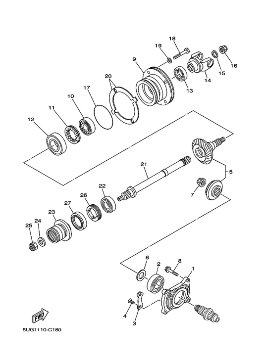 Yamaha 5UG-17556-00 Yoke, Joint — shown on the Middle Drive Gear parts diagram