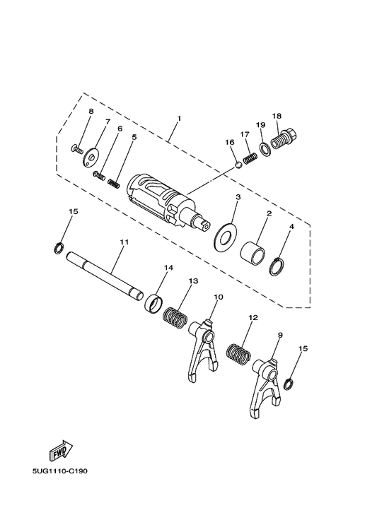 Yamaha 5UG-18540-00 Shift Cam Assy — shown on the Shift Cam & Fork parts diagram