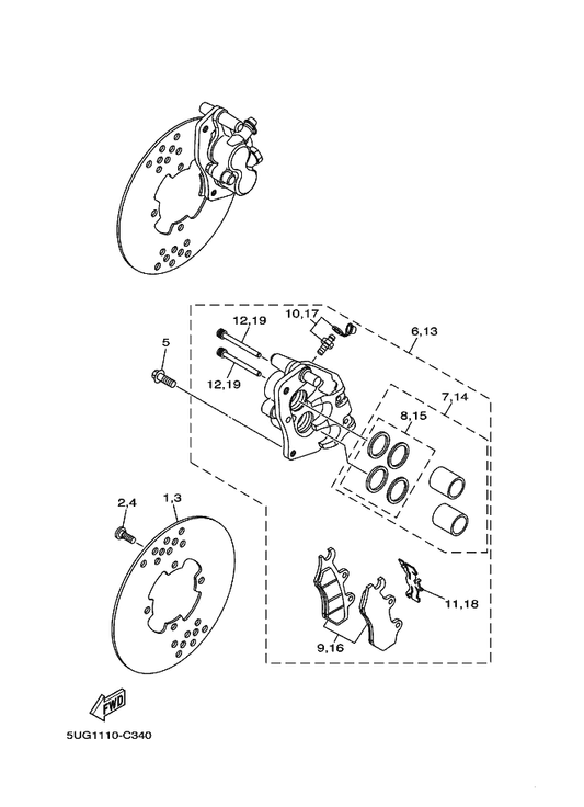 Yamaha 90105-10082 Bolt, Flange — shown on the Front Brake Caliper parts diagram