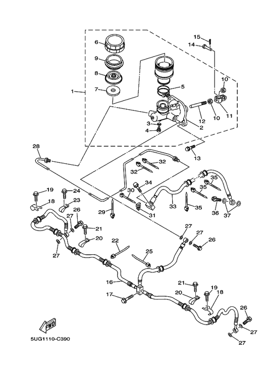 Yamaha 90105-081A7 Bolt, Flange — shown on the Rear Master Cylinder parts diagram