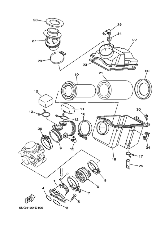 Yamaha 5UG-13586-00 Joint, Carburetor 1 — shown on the Intake parts diagram