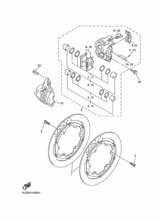 Yamaha 5UX-2580T-00 Caliper Assy (Left) — shown on the Front Brake Caliper parts diagram