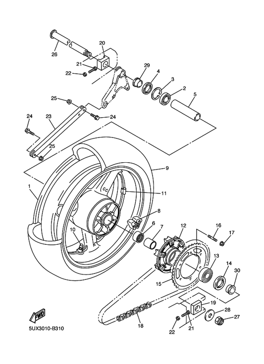 Yamaha 4FM-25381-20 Axle, Wheel — shown on the Rear Wheel parts diagram