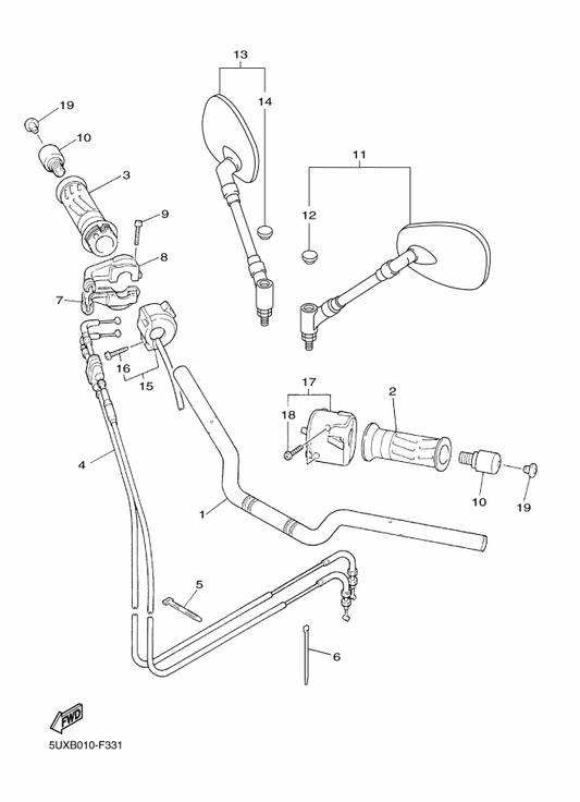 Yamaha 5UX-26290-10 Rear View Mirror Assy (Right) — shown on the Steering Handle & Cable parts diagram