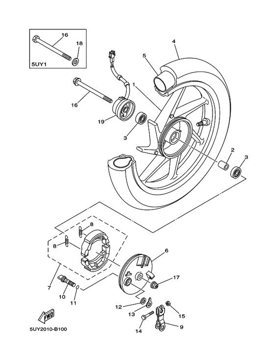 Yamaha 5UY-W253A-10 ブレーキシユーキツト — shown on the フロントホイール parts diagram