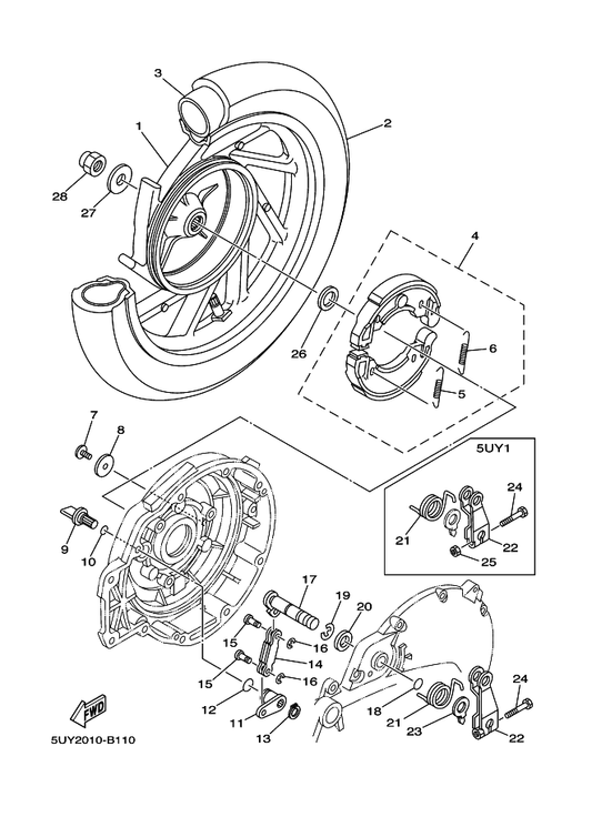 Yamaha 5UY-25351-01 カムシヤフト — shown on the リヤホイール parts diagram