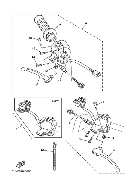 Yamaha 5UY-83980-00 . フロントストツプスイツチアセンブリ — shown on the ハンドルスイツチ & レバー parts diagram
