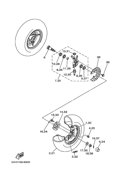 Yamaha 5HA-25181-00 Axle, Wheel — shown on the Front Wheel parts diagram