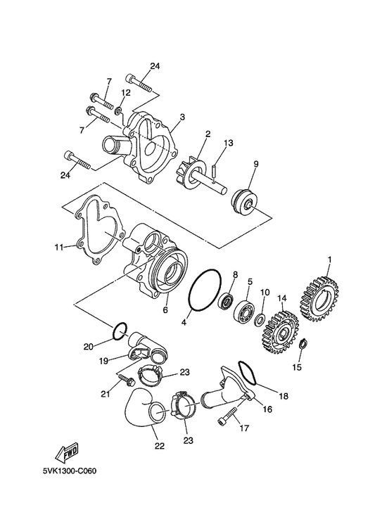 Yamaha 5VK-12577-00 Hose 2 — shown on the Water Pump parts diagram