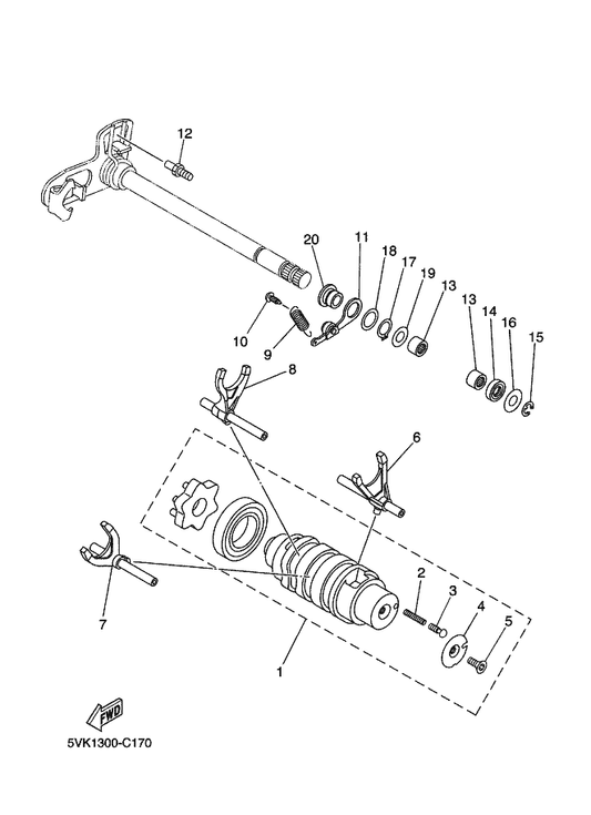 Yamaha 5VK-E8144-01 Hanger, Spring — shown on the Shift Cam & Fork parts diagram