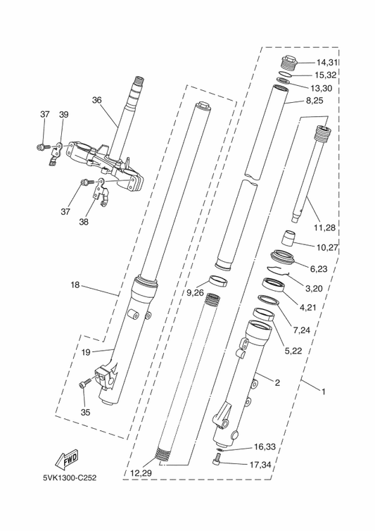 Yamaha 5VK-F3102-10 Front Fork Assy (L.H) — shown on the Front Fork 2 parts diagram