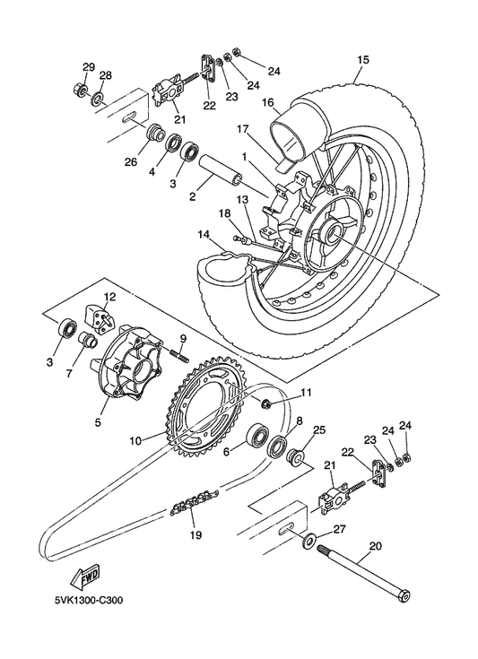 Yamaha 5VK-F2174-00 End 1 — shown on the Rear Wheel parts diagram