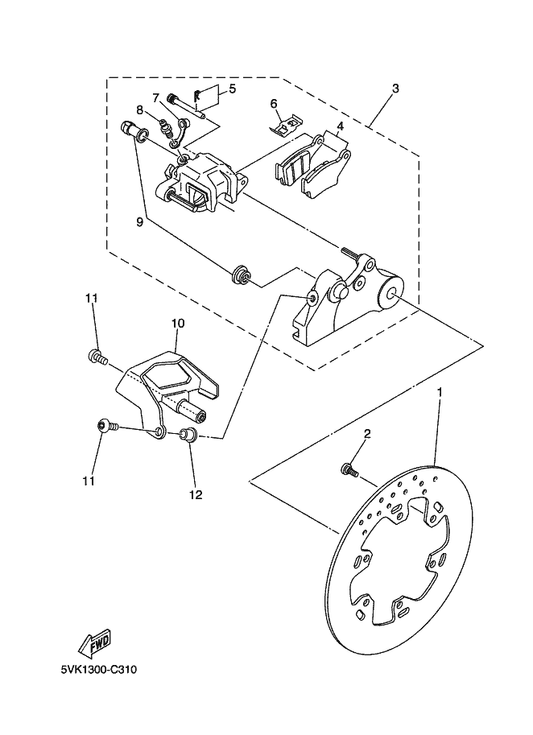 Yamaha 5VK-F580W-00 Caliper Assy, Rear 2 — shown on the Rear Brake Caliper parts diagram