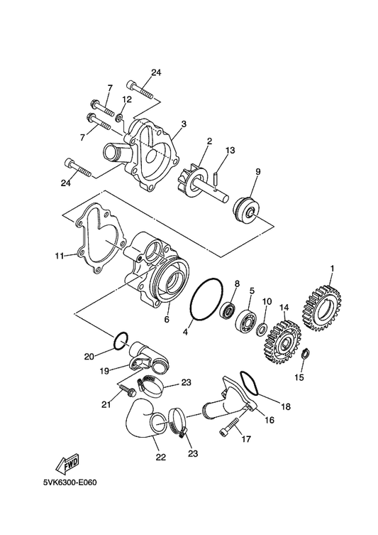 Yamaha 5VK-E2469-10 Joint 1 — shown on the Water Pump parts diagram