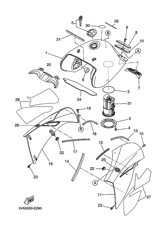 Yamaha 5VK-24602-20 Cap Assy — shown on the Fuel Tank parts diagram