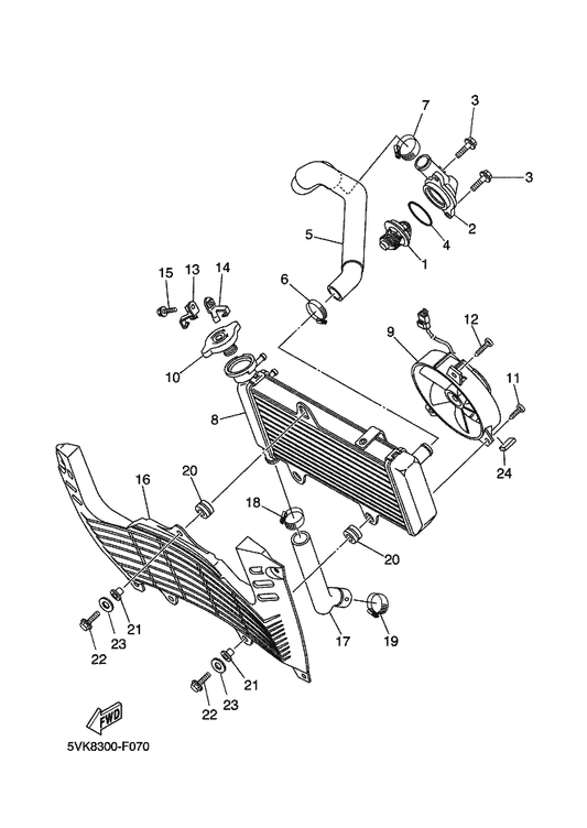 Yamaha 5VK-E2498-00 Protector — shown on the Radiator & Hose parts diagram