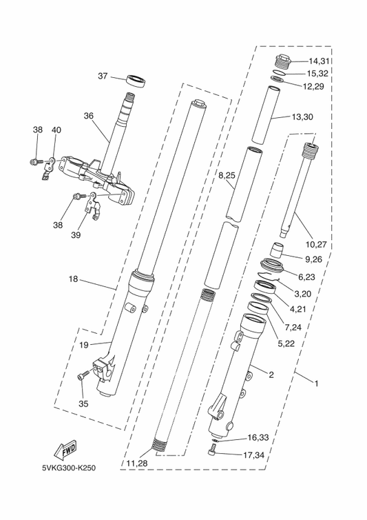 Yamaha 5VK-23102-21 Front Fork Assy (L.H) — shown on the Front Fork parts diagram