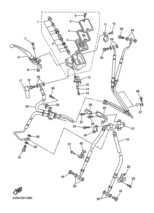 Yamaha 4KG-25876-01 Holder, Brake Hose 2 — shown on the Front Master Cylinder parts diagram