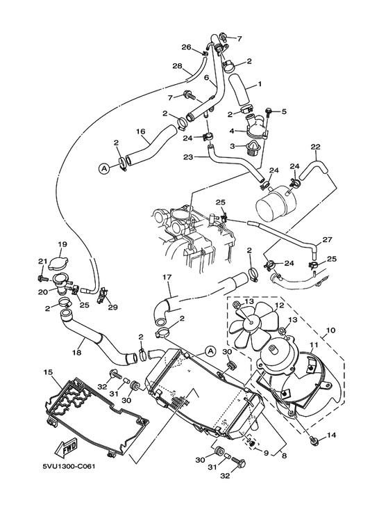 Yamaha 5GJ-12484-01 Pipe 4 — shown on the Radiator & Hose parts diagram