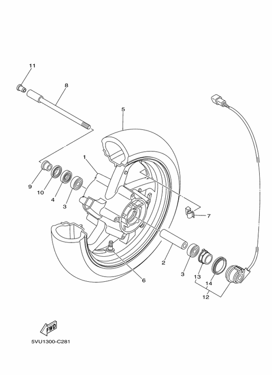 Yamaha 5GJ-25181-20 Axle, Wheel — shown on the Front Wheel parts diagram