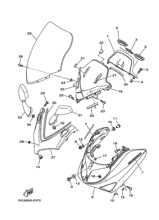 Yamaha 5GJ-28455-20 Damper, 4 — shown on the Windshield parts diagram