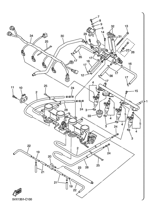 Yamaha 5VX-13750-00 Throttle Body Assy — shown on the Intake 2 parts diagram