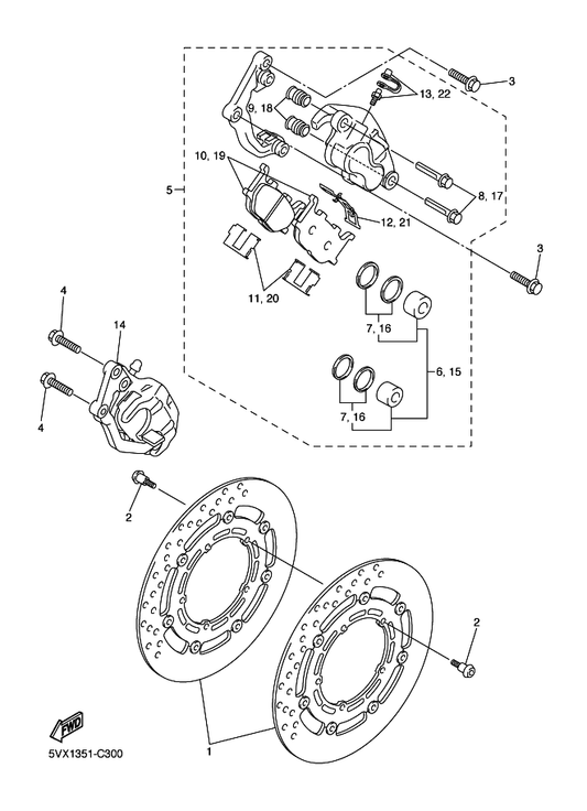 Yamaha 5VX-W0045-00 . Brake Pad Kit — shown on the Front Brake Caliper parts diagram