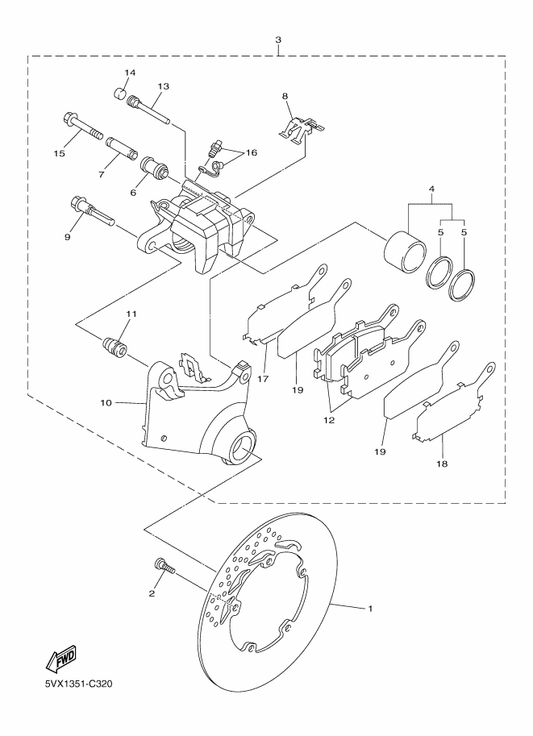 Yamaha 5VX-2582W-00 Disk, Rear Brake 2 — shown on the Rear Brake Caliper parts diagram