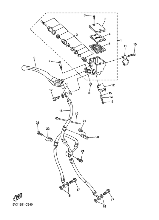 Yamaha 5VX-25875-00 Holder, Brake Hose 1 — shown on the Front Master Cylinder parts diagram