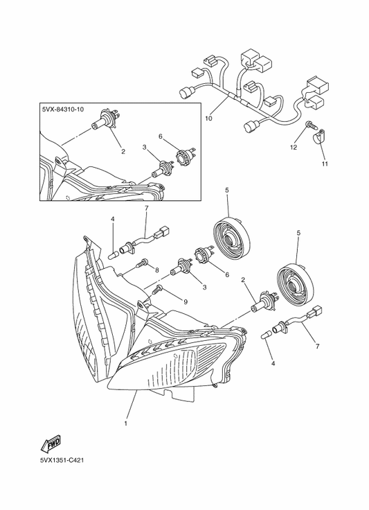 Yamaha 5VX-84359-10 Cord, Headlight — shown on the Headlight parts diagram