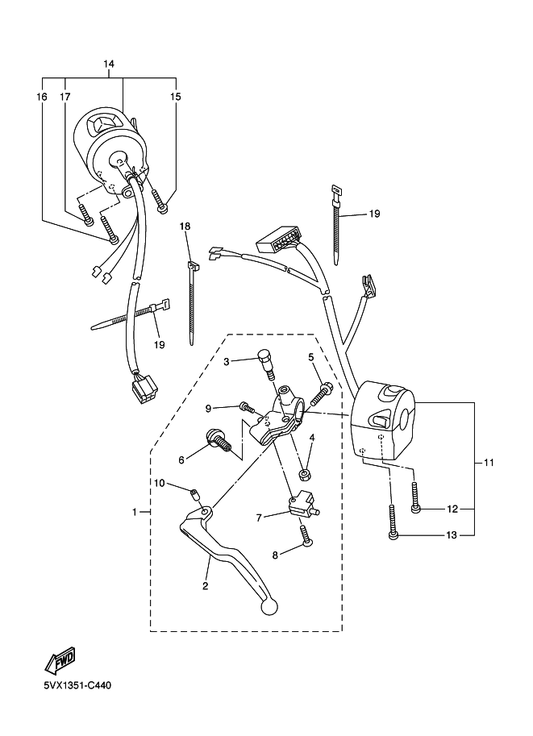 Yamaha 5VX-82910-01 Lever Holder Assy (Left) — shown on the Handle Switch & Lever parts diagram