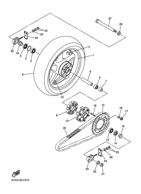 Yamaha 2GH-25389-10 Puller, Chain 2 — shown on the Rear Wheel parts diagram