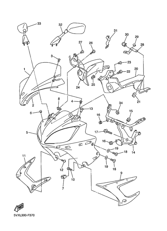 Yamaha 5VX-28381-00 Windshield — shown on the Cowling 1 parts diagram