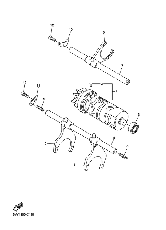 Yamaha 5VY-18512-01 Fork, Shift 2 — shown on the Shift Cam & Fork parts diagram