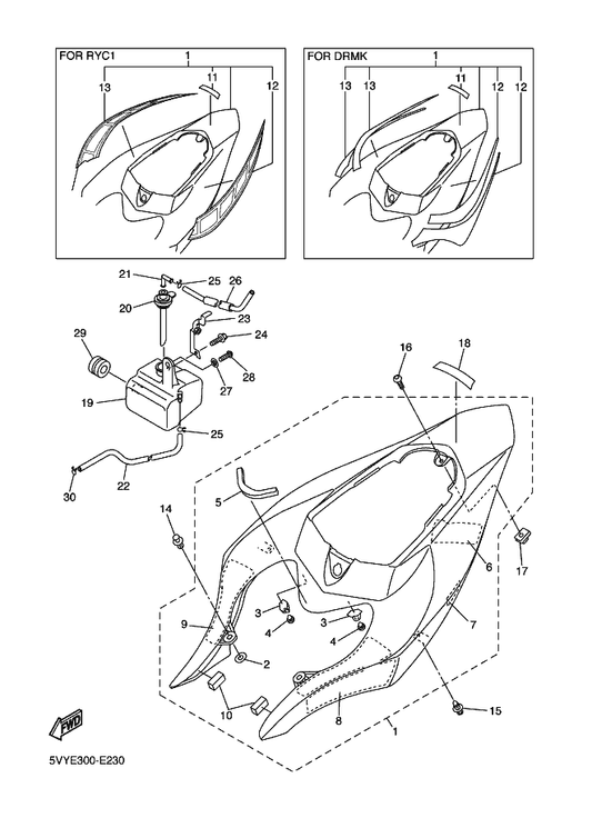 Yamaha 5VY-21871-00 Tank, Recovery — shown on the Side Cover parts diagram