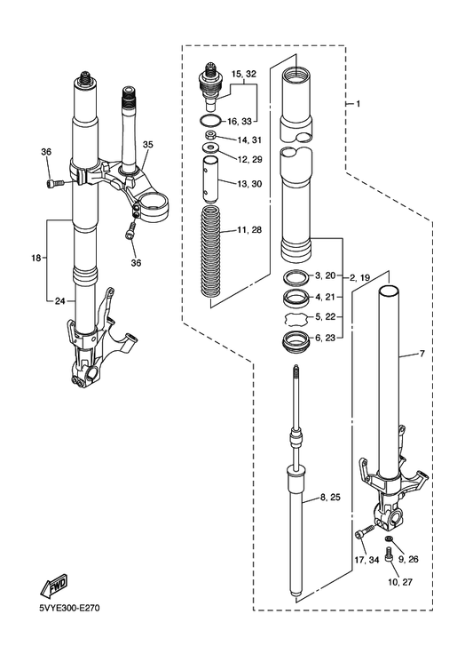 Yamaha 5VY-23111-00 . Bolt, Cap — shown on the Front Fork parts diagram
