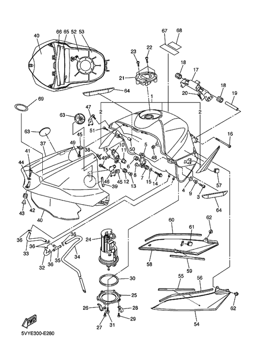 Yamaha 98907-05008 . Screw, Bind — shown on the Fuel Tank parts diagram