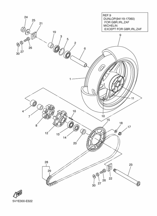 Yamaha 5VY-25445-20 Sprocket, Driven (45T) — shown on the Rear Wheel parts diagram