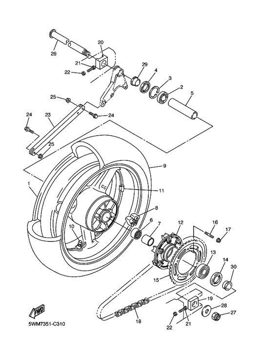 Yamaha 94118-17054 Tire (180/55 Zr17M/C 73W D252) — shown on the Rear Wheel parts diagram