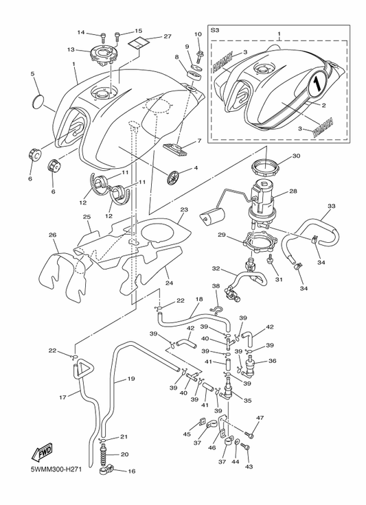 Yamaha 5UX-2414B-10 Emblem — shown on the Fuel Tank parts diagram