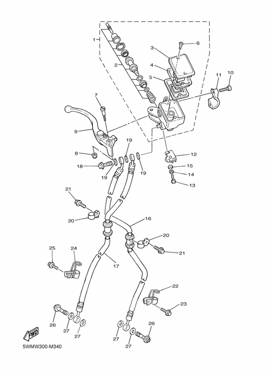 Yamaha 5WM-25872-00 Hose, Brake 1 — shown on the Front Master Cylinder parts diagram