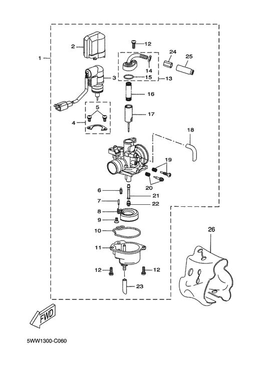 Yamaha 5SB-E4G21-00 . Screw, Throttle — shown on the Carburetor parts diagram