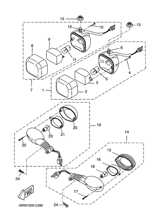 Yamaha 90179-05X05 Nut — shown on the Flasher Light parts diagram