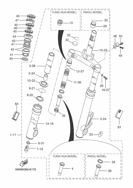 Yamaha 5WW-F3156-00 . Clip, Oil Seal — shown on the Front Fork parts diagram