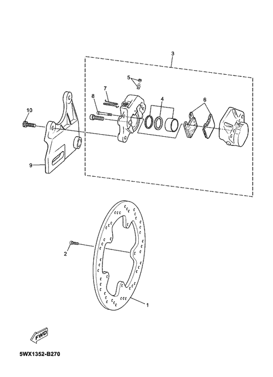 Yamaha 5WX-F582W-10 Disk, Rear Brake 2 — shown on the Rear Brake Caliper parts diagram