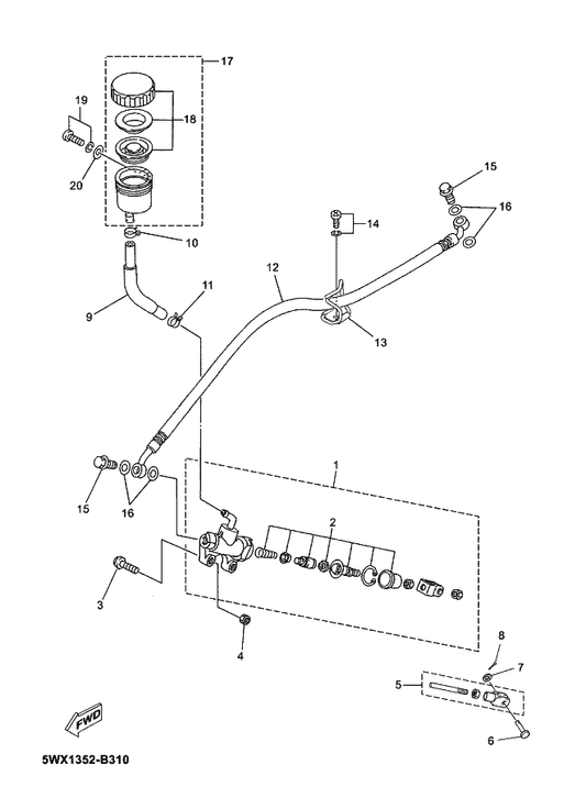 Yamaha 90401-10X05 Bolt, Union — shown on the Rear Master Cylinder parts diagram