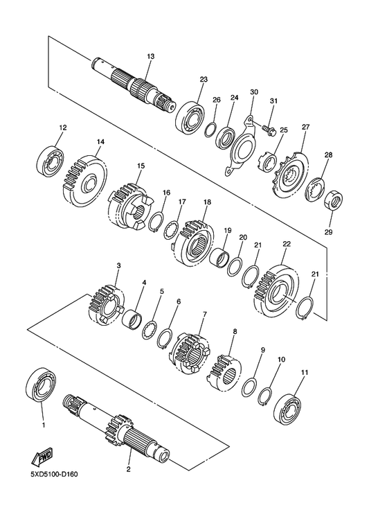 Yamaha 5TA-17411-20 Axle, Main (14T) — shown on the Transmission parts diagram