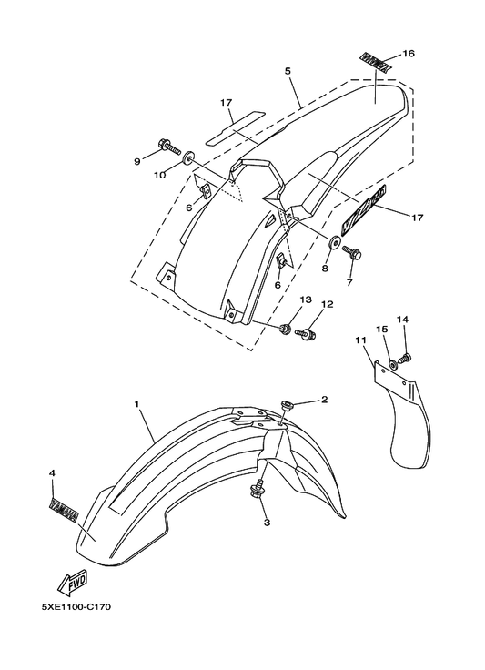 Yamaha 5XE-21610-00 Rear Fender Comp. — shown on the Fender parts diagram