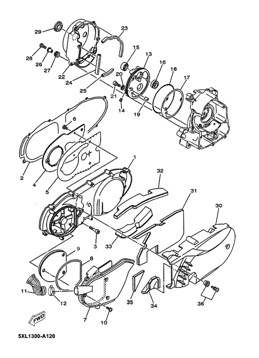 Yamaha 5XL-F838N-00 Duct 1 — shown on the Crankcase Cover 1 parts diagram