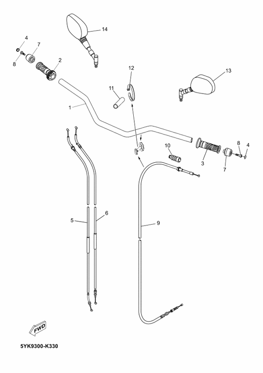Yamaha 5VK-F6280-00 Rear View Mirror Assy (Left) — shown on the Steering Handle & Cable parts diagram